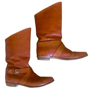 Vtg 80s Frye Mid Calf Riding Boots Women’s 6.5 Brown Leather Western Buckle HTF